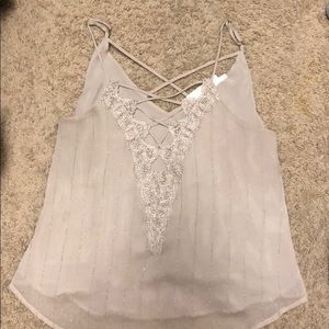 ASTR tan blouse with sparkles and lace V neck XS